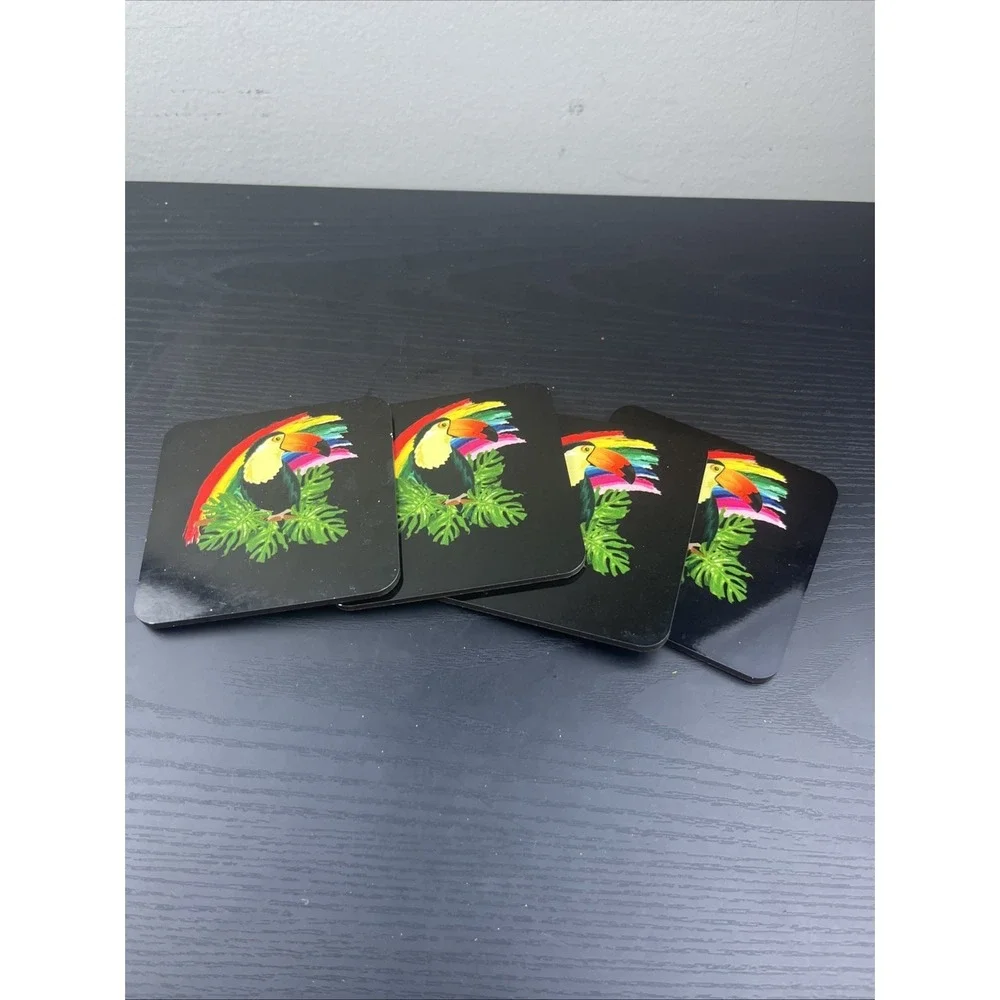 Toucan Coasters Set of 4 Black Rainbow Tropical Bird Drink Coasters